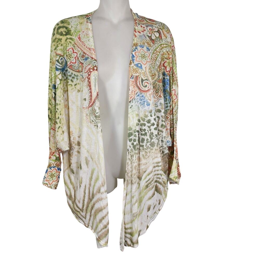 Chico's Cardigan Size 2 Large Open Front Pastel Kiara Paisley Lightweight Boho